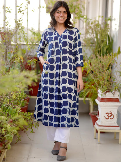 Blue Leaf Elegance A-line COTTON Kurta