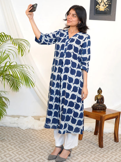 Blue Leaf Elegance A-line COTTON Kurta