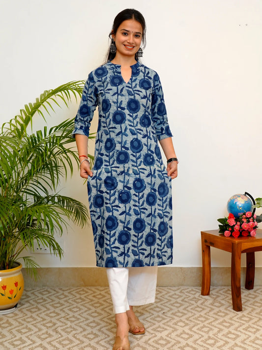Ajrakh Blue Rose Block Printed COTTON Kurta