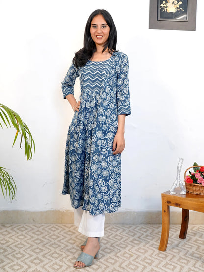 Blue Rose Floral Gathered COTTON  Kurta