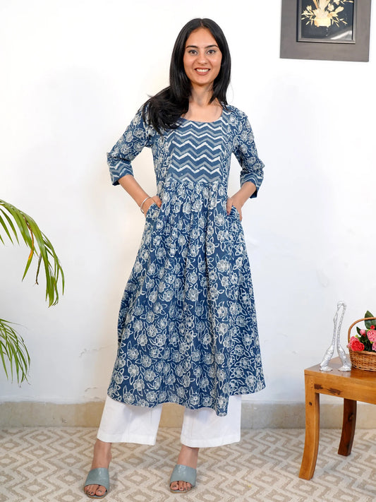 Blue Rose Floral Gathered COTTON  Kurta