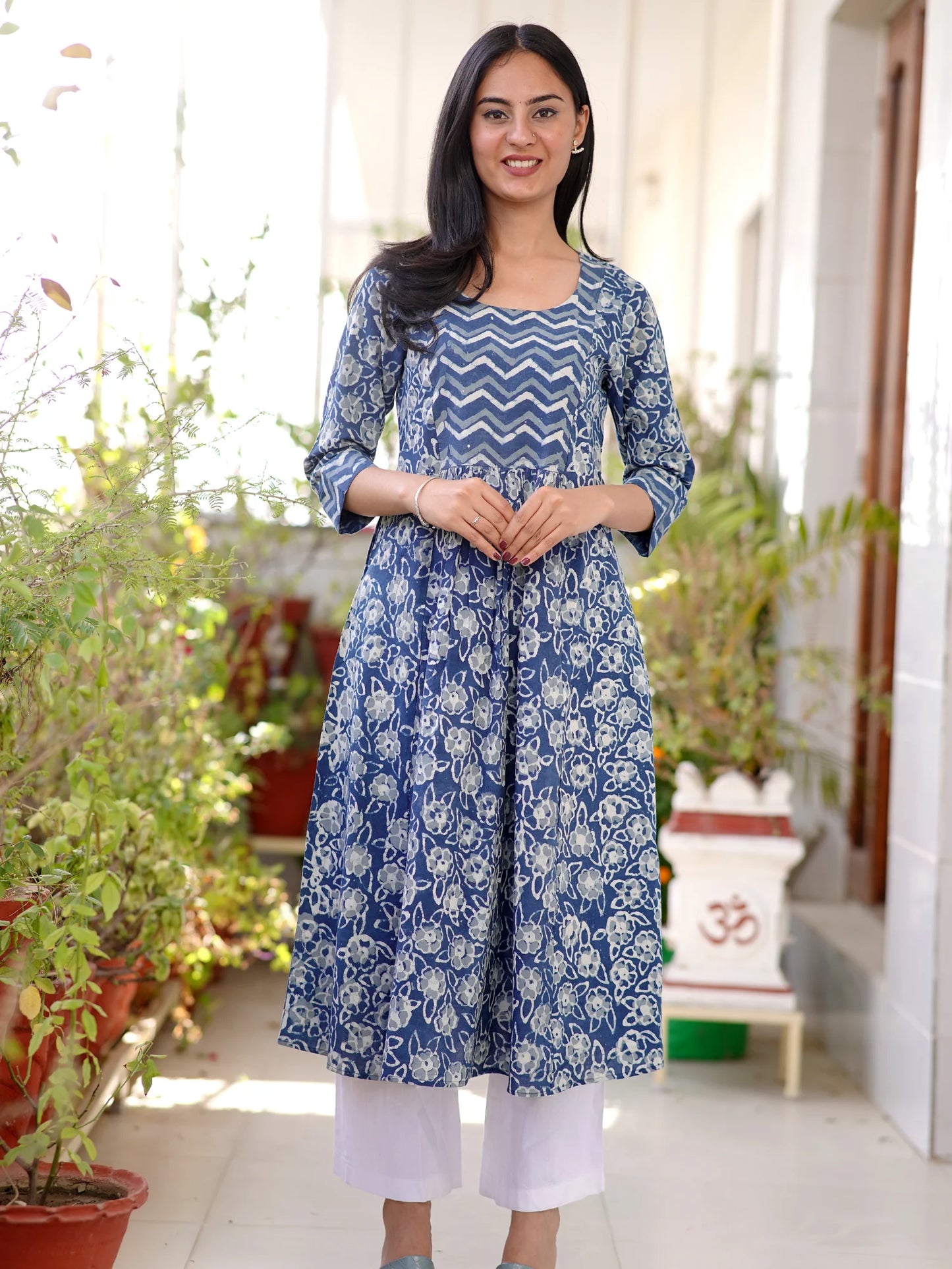Blue Rose Floral Gathered COTTON  Kurta