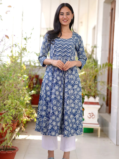 Blue Rose Floral Gathered COTTON  Kurta