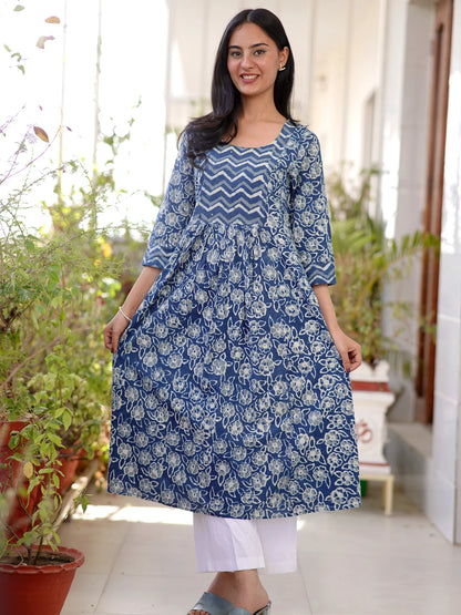 Blue Rose Floral Gathered COTTON  Kurta