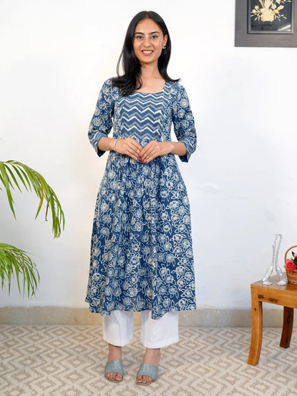 Blue Rose Floral Gathered COTTON  Kurta