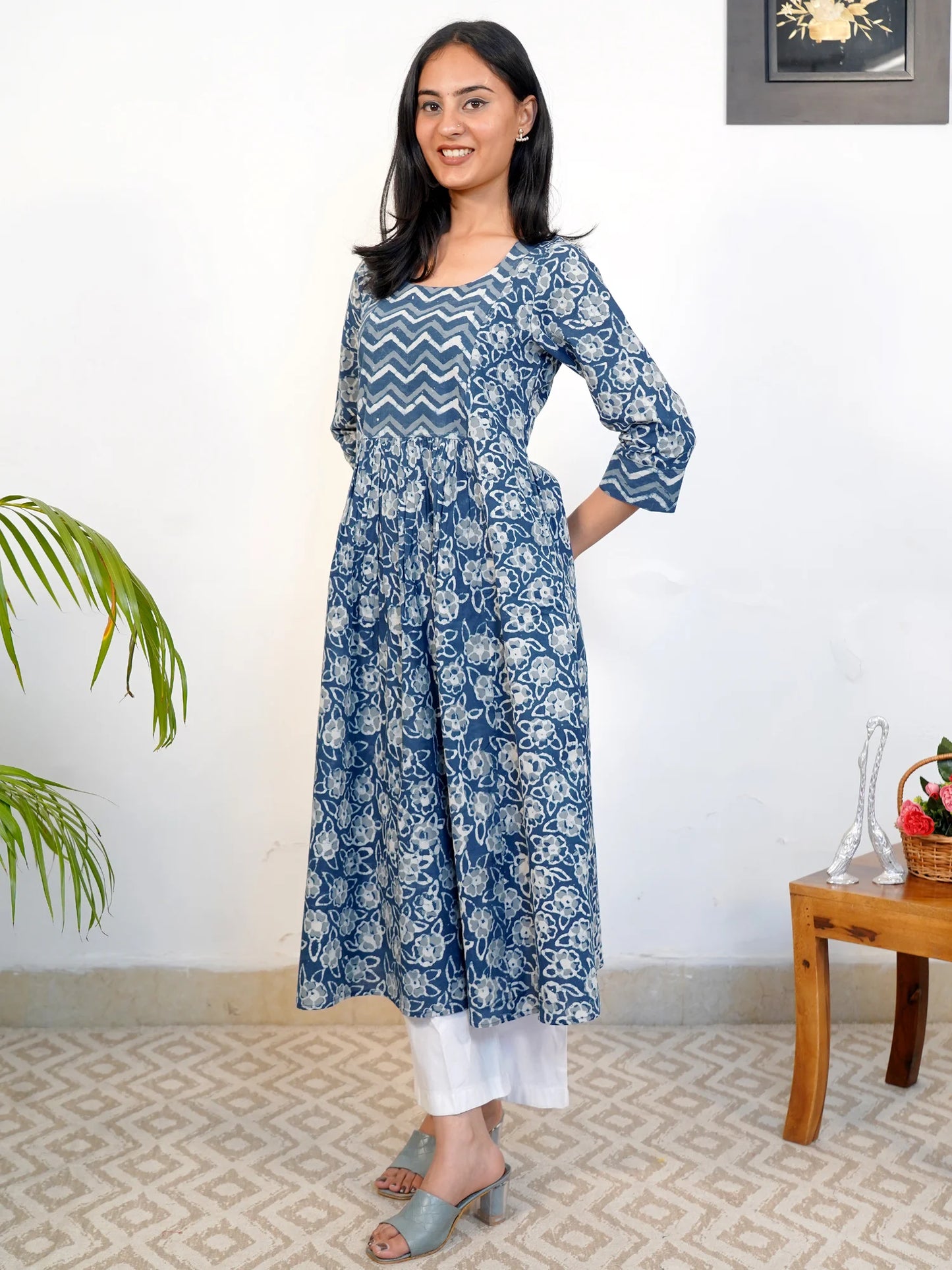 Blue Rose Floral Gathered COTTON  Kurta