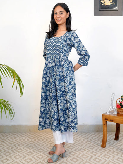 Blue Rose Floral Gathered COTTON  Kurta