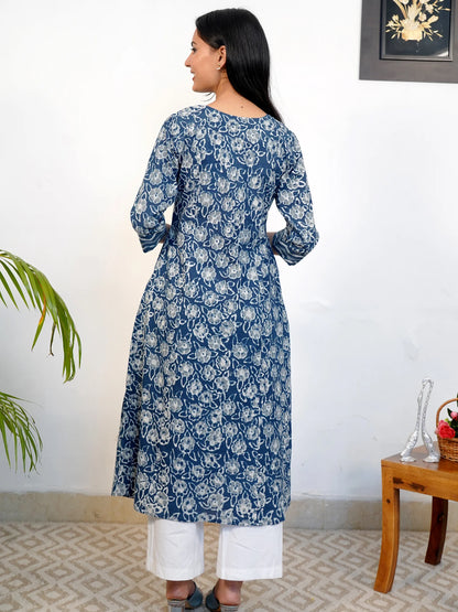 Blue Rose Floral Gathered COTTON  Kurta