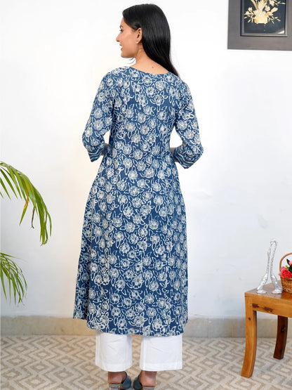 Blue Rose Floral Gathered COTTON  Kurta