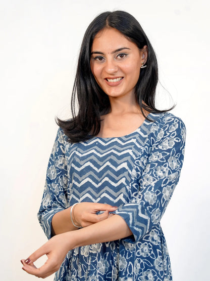 Blue Rose Floral Gathered COTTON  Kurta