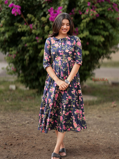 Blue Beige Garden COTTON Tiered Dress