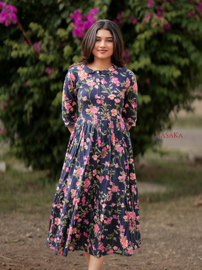 Blue Beige Garden COTTON Tiered Dress