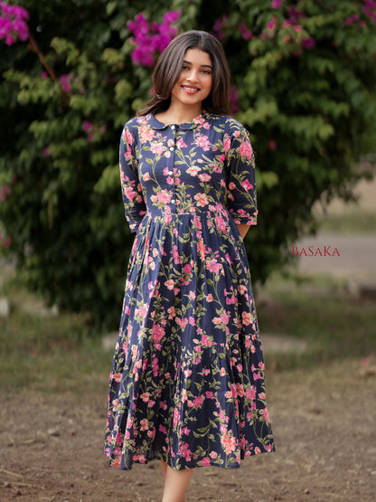 Blue Beige Garden COTTON Tiered Dress