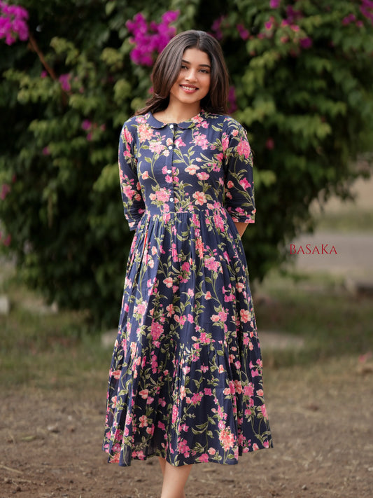 Blue Beige Garden COTTON Tiered Dress