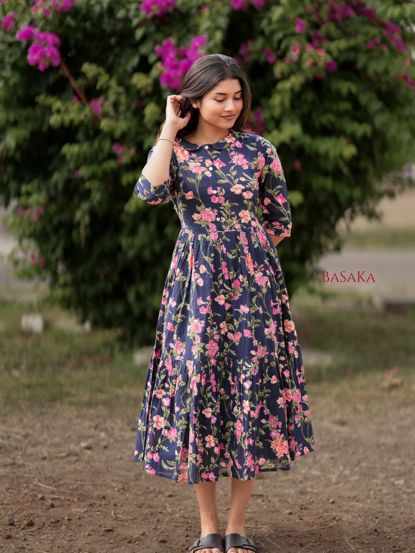 Blue Beige Garden COTTON Tiered Dress