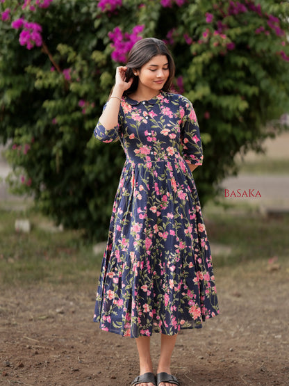 Blue Beige Garden COTTON Tiered Dress