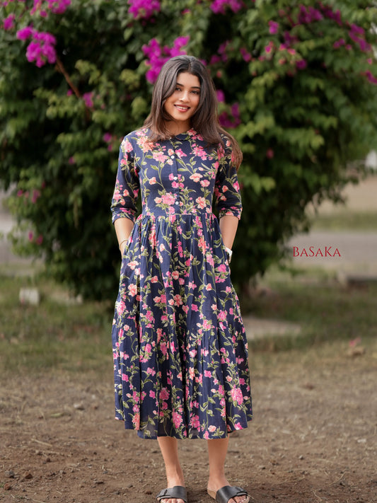 Blue Beige Garden COTTON Tiered Dress