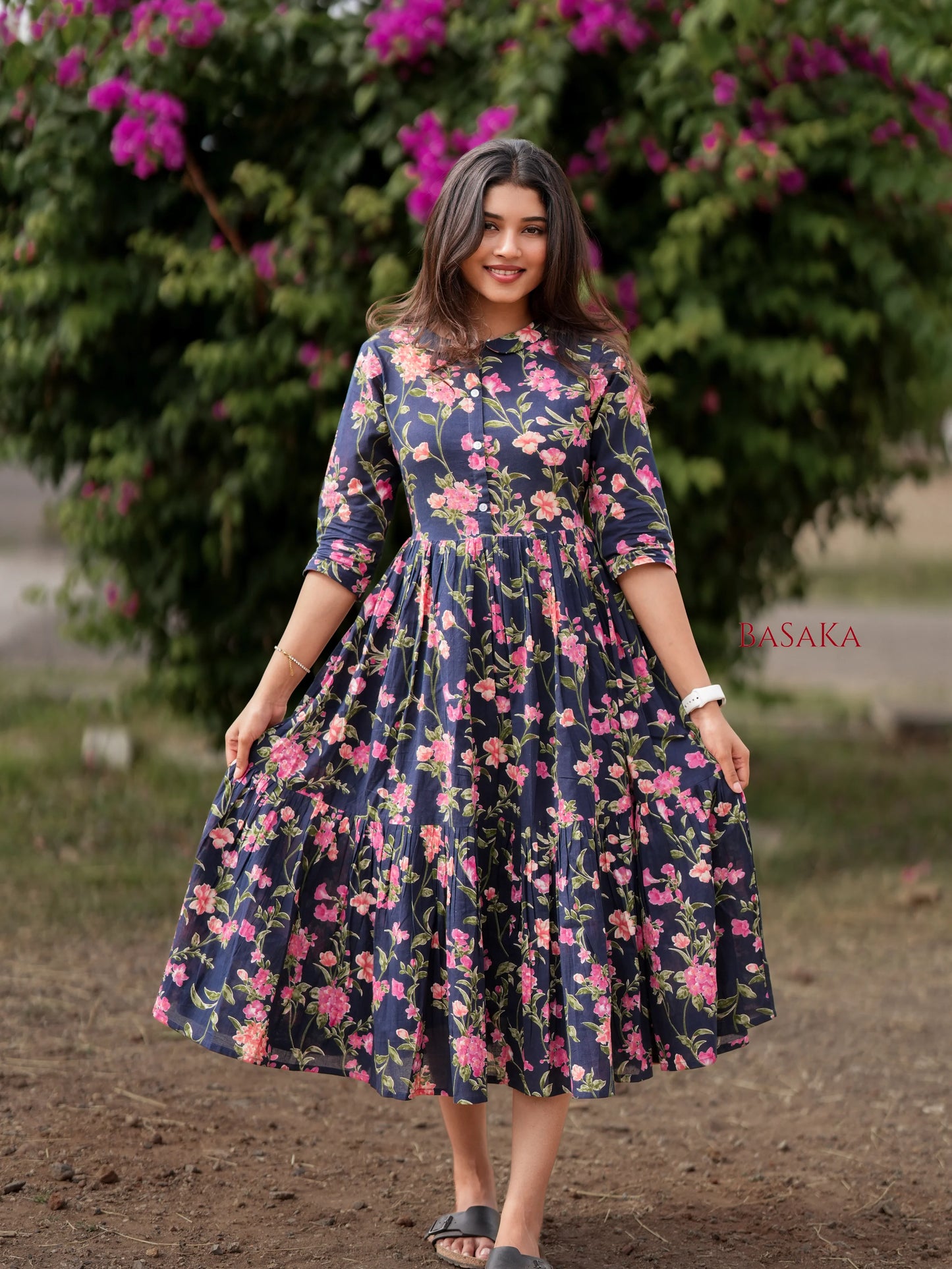 Blue Beige Garden COTTON Tiered Dress