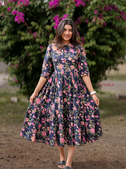 Blue Beige Garden COTTON Tiered Dress