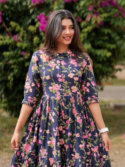 Blue Beige Garden COTTON Tiered Dress