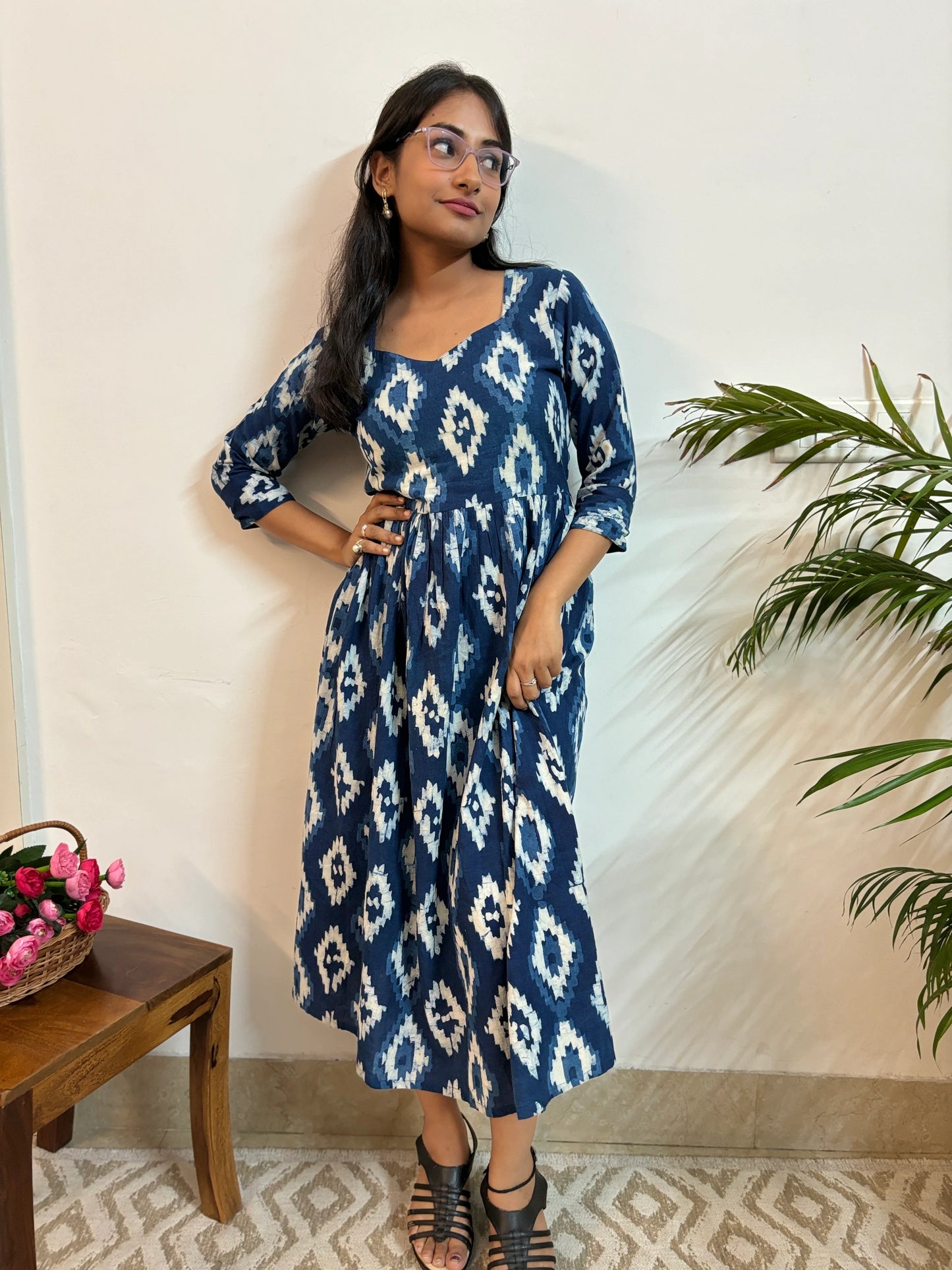 Navy Blue Diamond Hand Block Printed Dress