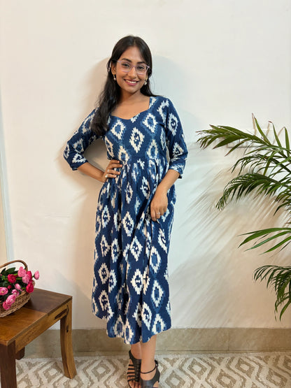 Navy Blue Diamond Hand Block Printed Dress