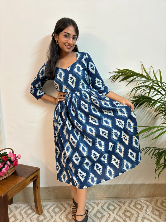 Navy Blue Diamond Hand Block Printed Dress