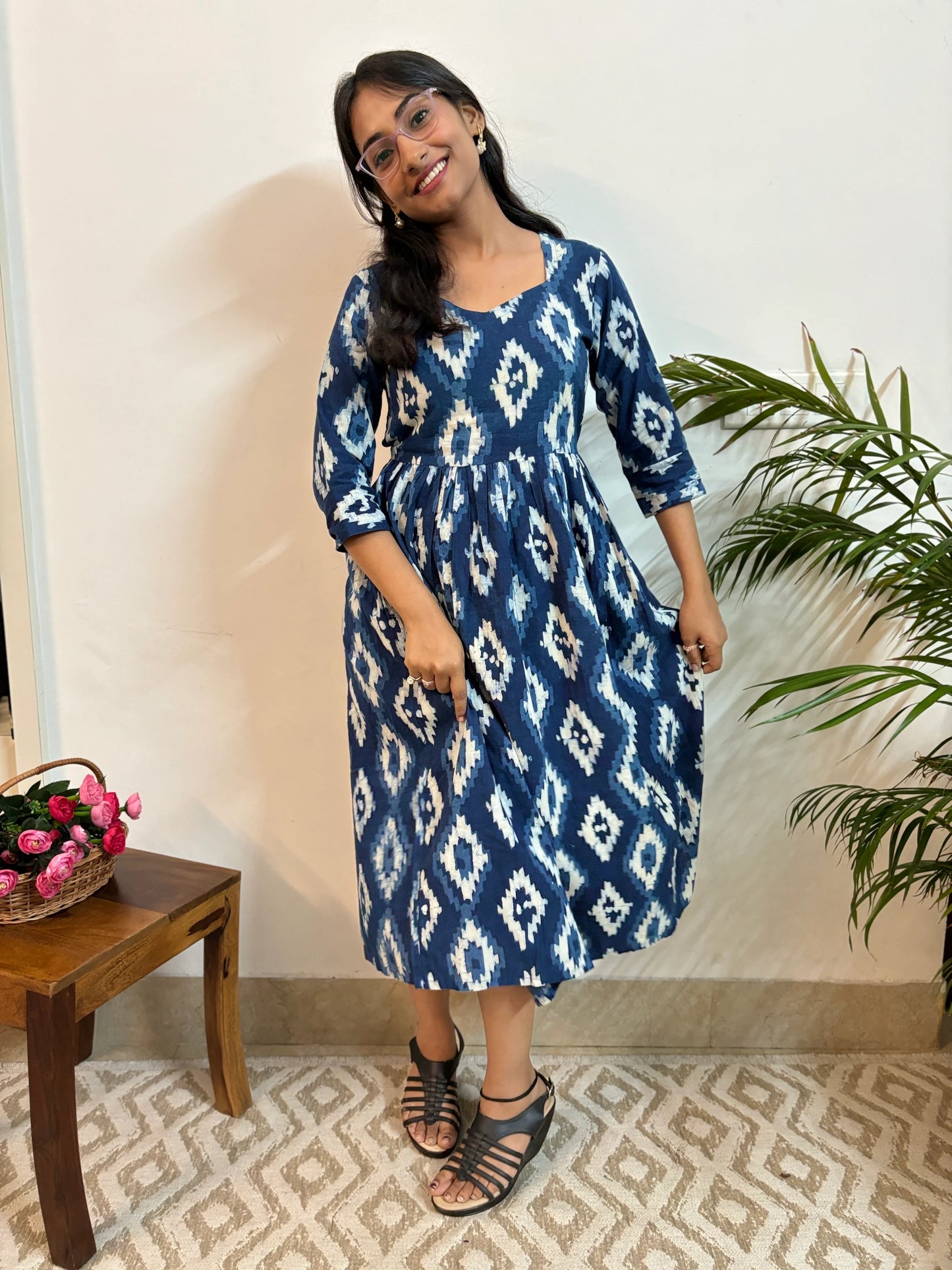 Navy Blue Diamond Hand Block Printed Dress