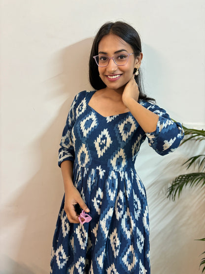 Navy Blue Diamond Hand Block Printed Dress