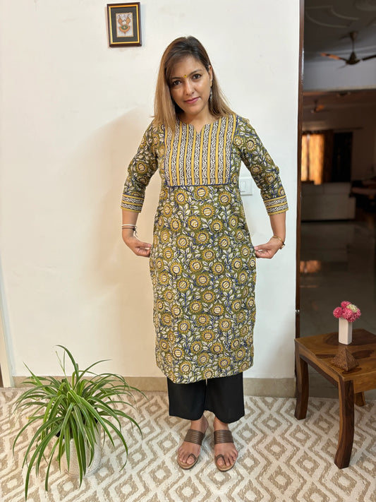 Green Leaf & Blue Block Printed Yoke Kurta