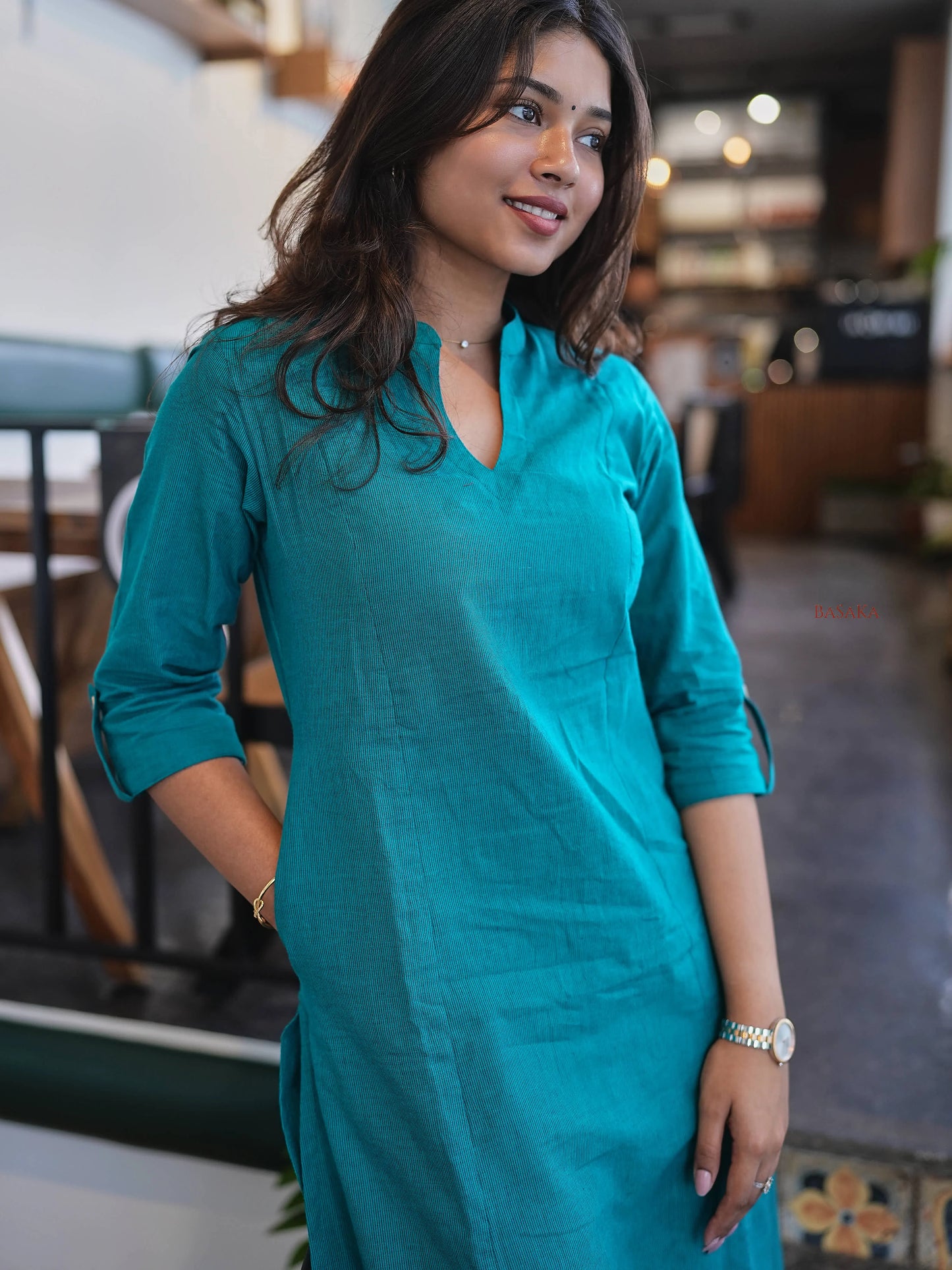 Rama Green A-Line Handloom Cotton Kurta