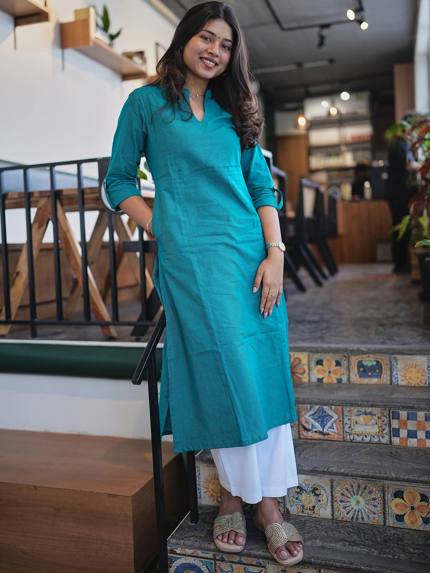 Rama Green A-Line Handloom Cotton Kurta
