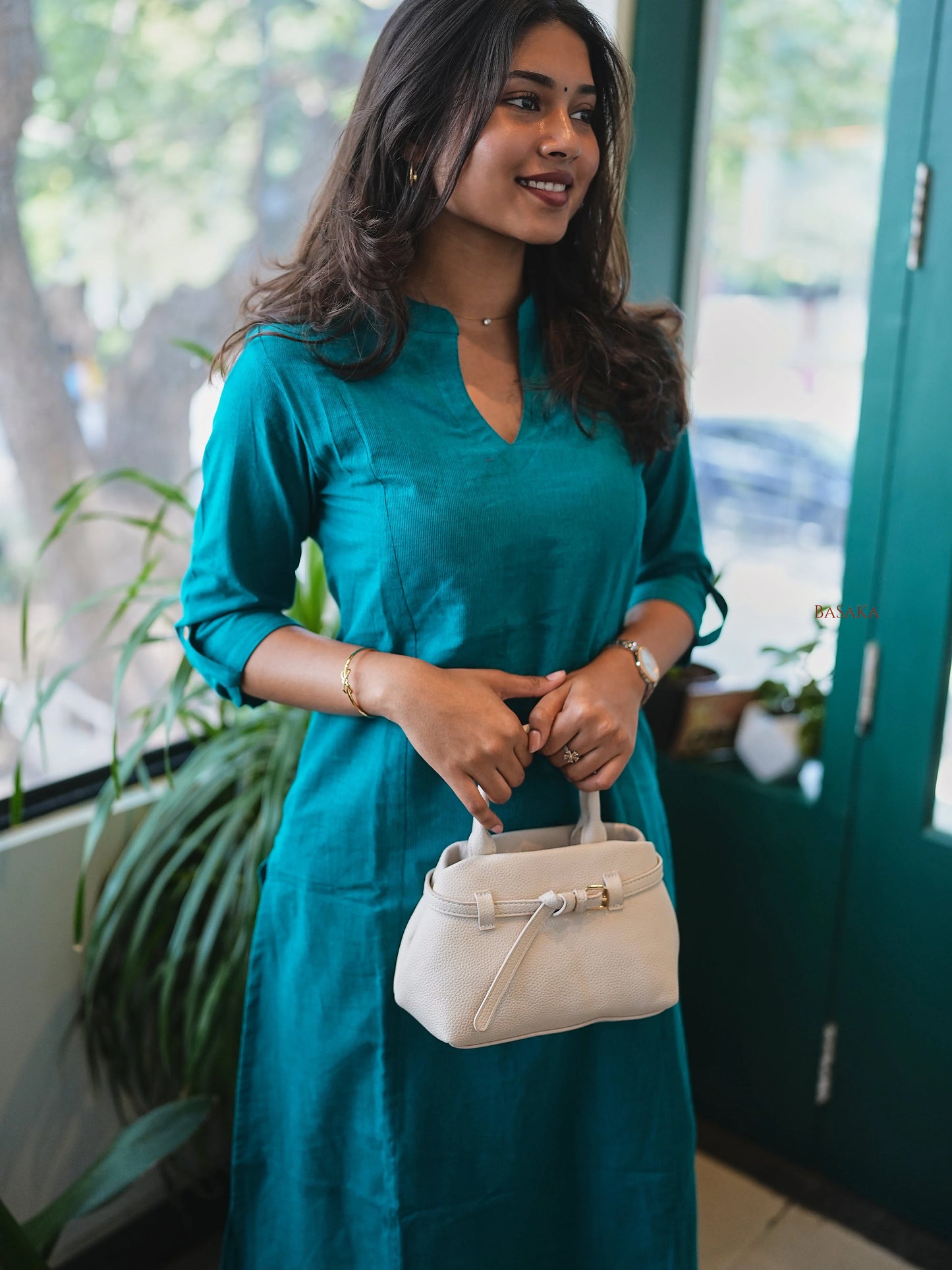 Rama Green A-Line Handloom Cotton Kurta