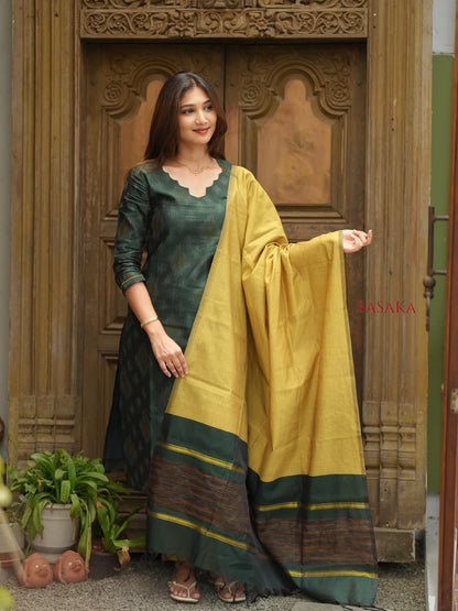 Bottle Green Ikkat Suit Set (3pcs.) with lining
