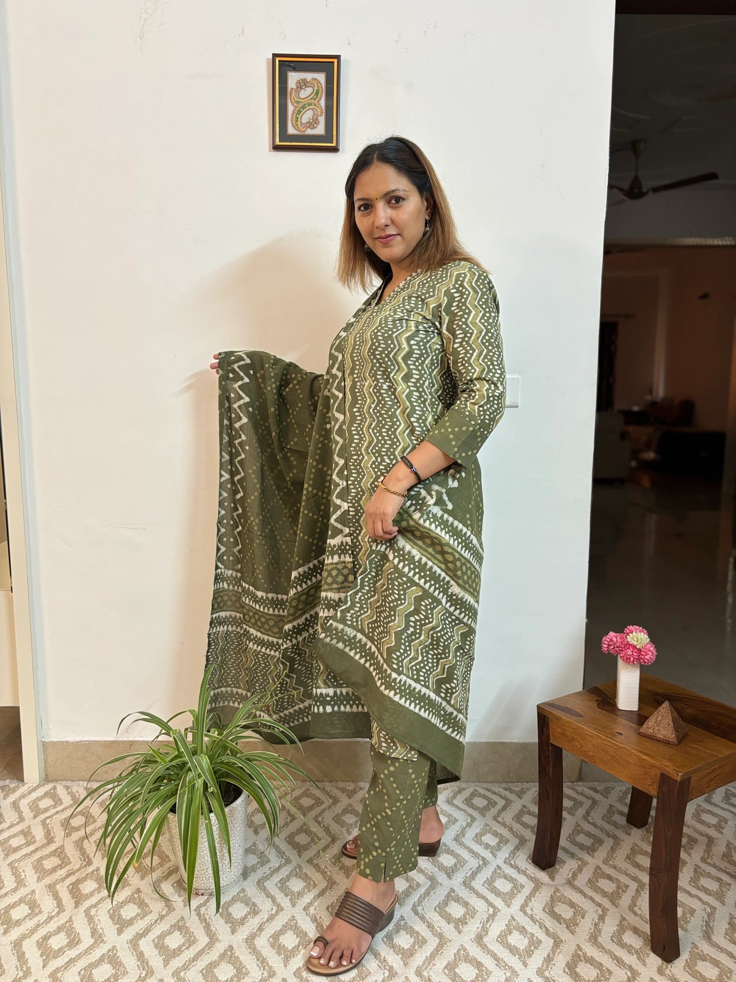 Dark Olive Green Zigzag Cotton Suit Set