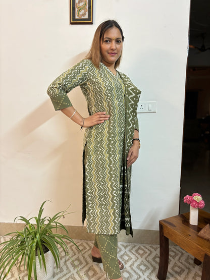 Dark Olive Green Zigzag Cotton Suit Set