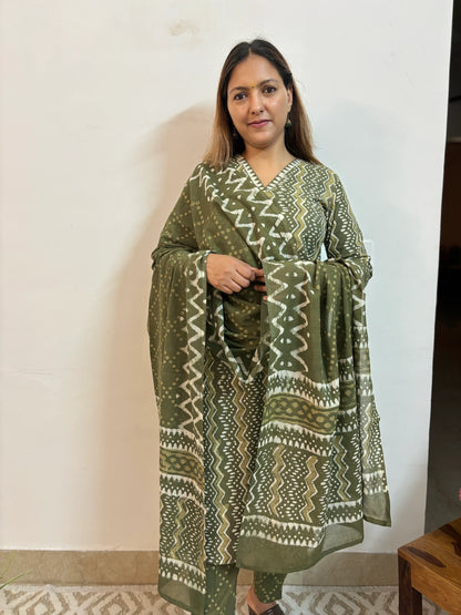 Dark Olive Green Zigzag Cotton Suit Set