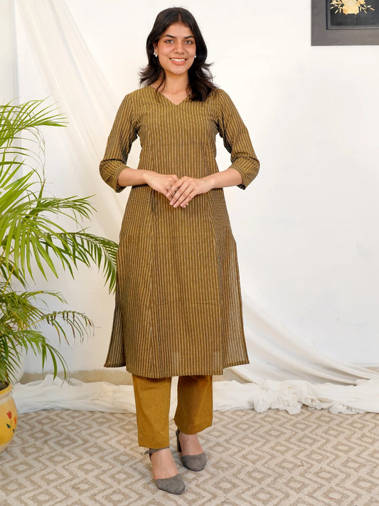Brass Glow Ikkat Handloom Kurta Set