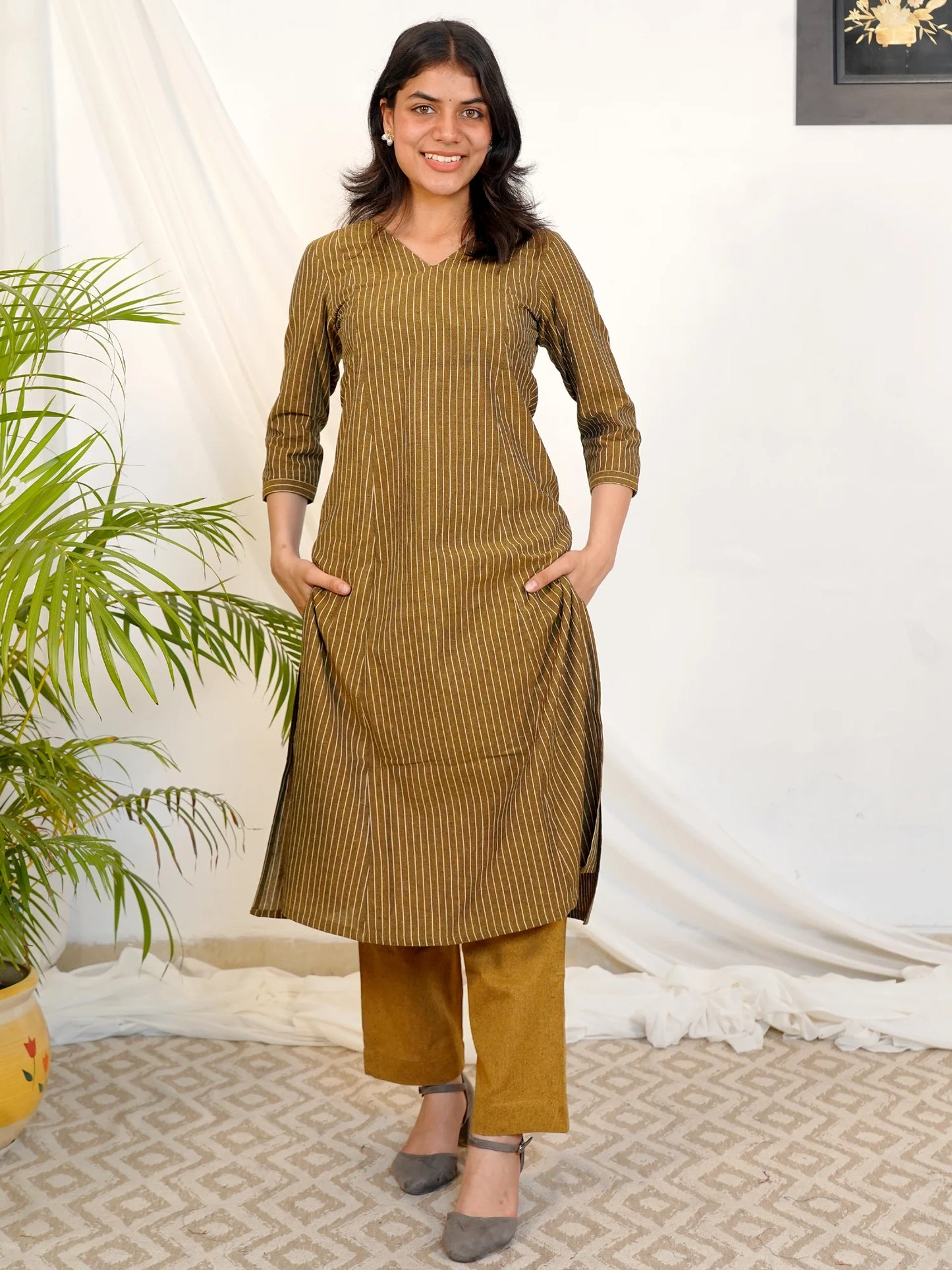 Brass Glow Ikkat Handloom Kurta Set