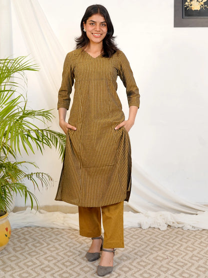 Brass Glow Ikkat Handloom Kurta Set