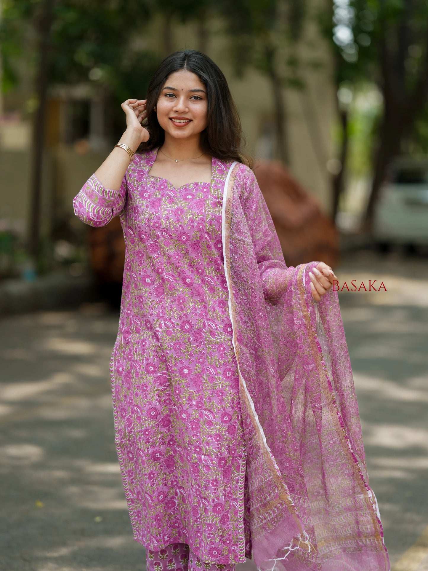 Bright Lavender Floral Block Printed Suit Set (3 pcs.)