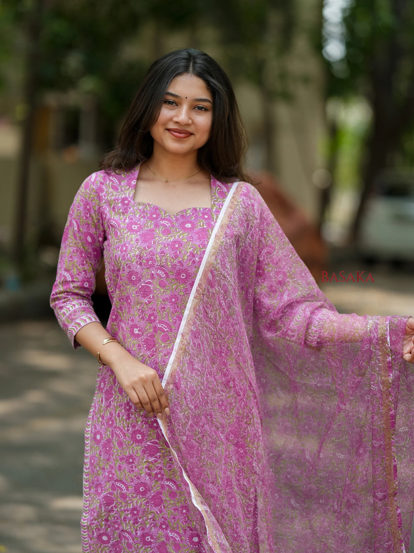 Bright Lavender Floral Block Printed Suit Set (3 pcs.)