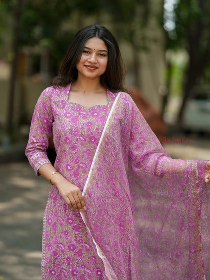 Bright Lavender Floral Block Printed Suit Set (3 pcs.)