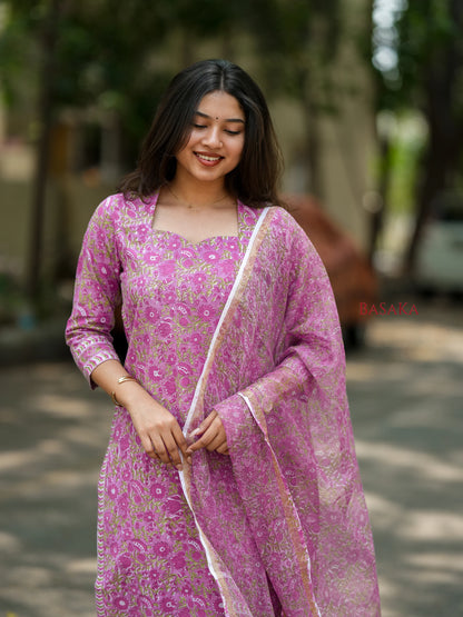 Bright Lavender Floral Block Printed Suit Set (3 pcs.)