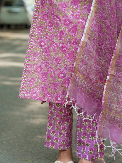 Bright Lavender Floral Block Printed Suit Set (3 pcs.)