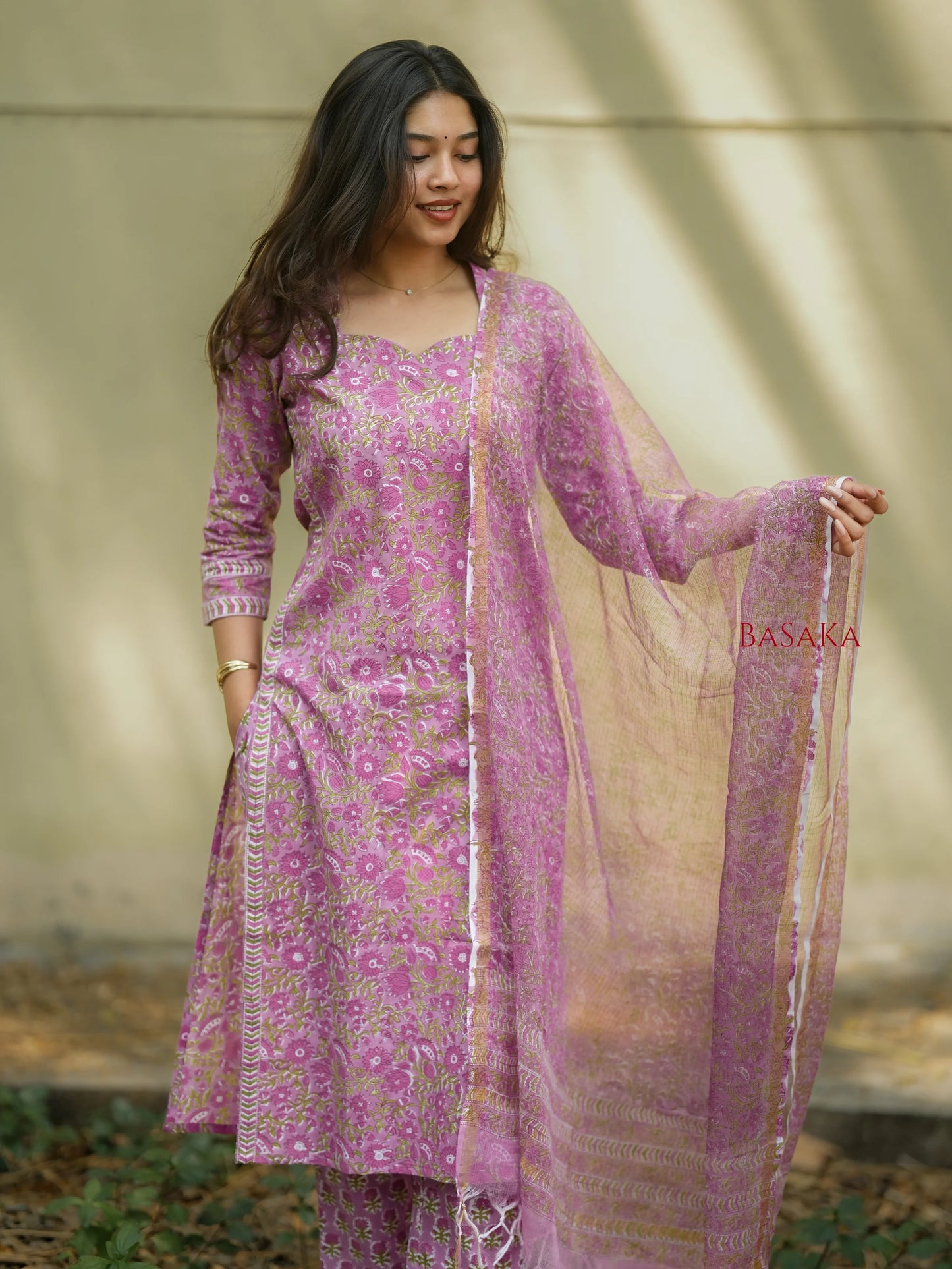 Bright Lavender Floral Block Printed Suit Set (3 pcs.)