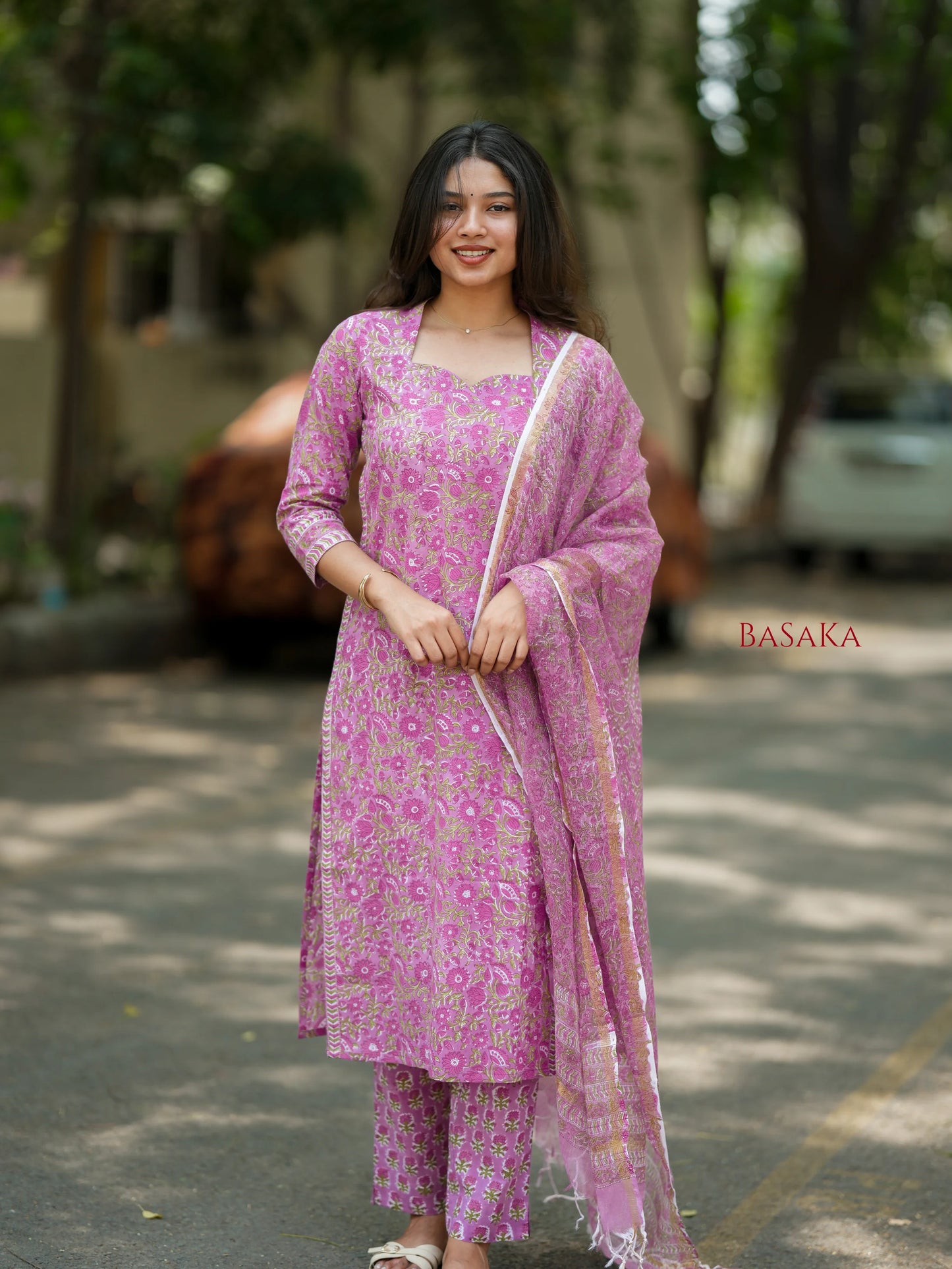 Bright Lavender Floral Block Printed Suit Set (3 pcs.)