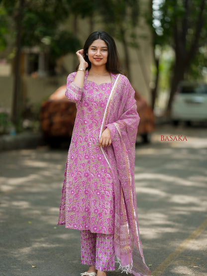 Bright Lavender Floral Block Printed Suit Set (3 pcs.)