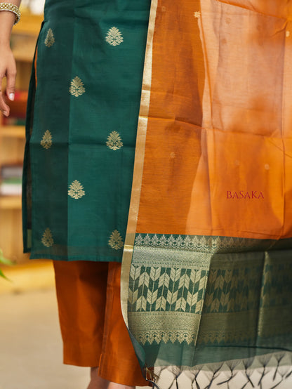 British Green n Bronze Kora Silk Suit Set (3 pcs.) with lining.