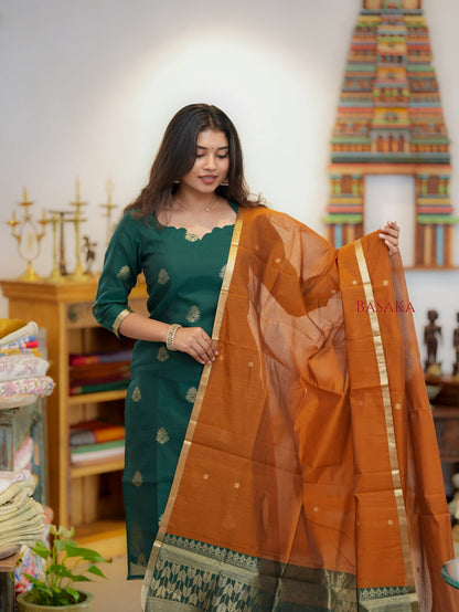 British Green n Bronze Kora Silk Suit Set (3 pcs.) with lining.